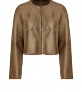 Finish your look with a shimmer of shearling in Paule Kas richly tinted cropped leather jacket - Collarless, long sleeves, front hook closures, raw edges, fitted - Pair with tailored sheaths and platform pumps