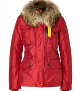 Sporty yet chic, this shiny red down jacket with a luxe fur collar from Parajumpers injects effortless style into your cold weather looks- Large fur spread collar, long sleeves, concealed front zip closure, flap pockets, slim fit back zip vents - Perfect for a day on the slopes or a cold day in the city