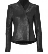 With its edgy textural lambskin, Helmut Langs soft black leather jacket radiates the brands modern-minimalist aesthetic with an ultra luxe edge - Short stand-up collar, long sleeves, off-center front zip, longer back hemline, fitted - Pair with leather leggings and studded ankle boots for a rocker-chic finish, or amp up tailored business looks with a pencil skirt and platform pumps