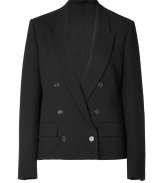 Luxurious jacket made from a fine black wool blend - Stylish Spencer silhouette, slim and short, with wide, deep lapels and long sleeves - Double breasted, two flap pockets - Modern, mega elegant alternative to a classic blazer - In the office with a blouse and pencil skirt, for evening with a top and skinny jeans