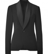 Luxurious black double-face wool tuxedo jacket - This sophisticated blazer is classically stylish - Pair with a blouse, matching pants, layered necklaces, and sky-high heels - For high-low chic style with a t-shirt, wide-legged trousers, and pumps