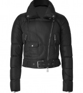 With edgy biker styling and a chic cropped silhouette, this Belstaff quilted coat is guaranteed to be a modern classic - Large spread collar with snaps, asymmetrical zip closure, zip pockets and cuffs, belted cropped waist, all-over quilting with contrasting diamond shaped pattern on back - Perfect dressed up or down