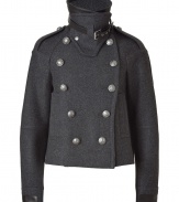 With a flattering cropped silhouette and a dramatic high neck, the classic peacoat gets a decidedly downtown update from Belstaff - Dramatic stand collar with belt detail, epaulets with silver-tone button, double-breasted, front button placket, cropped silhouette, pockets, leather detailed cuffs - Pair with high-waisted skinny pants, a modernized pullover, and high heel booties