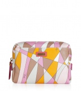 Get up and go glamorously with Puccis elegantly eye-catching cosmetic case - Zip top style in a vibrant pink, yellow and beige graphic print - Leather accents, stitch trim and signature logo plaque - Durable plastic protects against dust and moisture - Convenient and practically sized to house all of your beauty essentials - Great for travel, also makes a superb gift