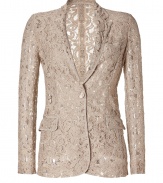 Lavish neutral lace covers this ladylike blazer from Moschino Cheap & Chic - Notched lapels, long sleeves, single button closure, single chest pocket, waist flap pockets, slim fit, all-over lace - Wear with a silk blouse, cropped trousers, and neutral platform pumps