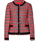 Classic sophistication goes quirky-cool with this vibrant plaid boucle jacket from Moschino Cheap & Chic - Round collar with black knit trim, concealed front placket with contrasting trim and silver-tone vintage-inspired charms, slit pockets at waist with trim and charms, all-over plaid printed knit, cropped silhouette - Wear with a figure-hugging pencil skirt and platform pumps