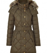 Ultra-luxe and undeniably stylish, this fitted down jacket from Burberry Brit will elevate any cold weather look - Stand collar with snaps, concealed zip closure, snap front placket, hood with raccoon fur trim, long sleeves, quilted, flap pockets with snaps, belted waist, fitted silhouette - Style with skinny jeans, a cashmere cardigan, and over-the-knee boots