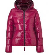 A sleek outer shell and vibrant contrast lining lend this Duvetica down jacket its sporty and stylish edge - In a lighter weight, wind- and water-resistant ruby polyamide with black trim - Slim cut tapers through waist and fits close to the body for extra warmth - Full zip, hood and oversize diagonal zippered pockets at front - Perfect for cold weather casual looks - Pair with denim, leggings and cords