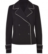 Better than your average blazer, this fresh take from DKNY features bold contrast piping and a flattering tailored fit - Wide notched lapels, double-breasted, front button placket, welt pockets, long sleeves with belted cuffs, contrast piping, back belt detail - Style with a blouse, pencil skirt, and peep-toe pumps