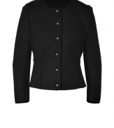 Elegant, polished jacket in fine, black wool blend - Feminine, structured shape with a slight peplum, classic round neck, long sleeves, epaulettes and silver buttons - Favorite jacket for all occasions - Pair with business trousers, jeans, or a slim pencil skirt