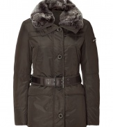 Your cold weather look just got more stylish with this luxe fitted down jacket from Peuterey - Large rabbit fur collar, concealed zipper closure, long sleeves with logo detail, belted waist, slim fit, water repellent - Wear with an elevated jeans-and-tee ensemble or a workweek-chic look