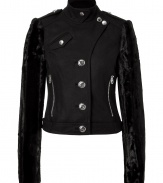 With its cool mix of faux mink fur and jet black wool, this biker-style jacket from Juicy Couture adds a luxe note of rocker-chic attitude to your look - Stand-up collar, buttoned front, epaulettes, zippered pockets, slim fit, cropped, tailored silhouette - Style with jeans, micro-minis, or cropped trousers. pumps or flat ankle boots