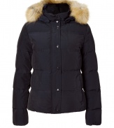 Withstand the cold, while remaining stylish, in this high quality quilted down jacket from outdoor outerwear experts Woolrich - Stand collar, raccoon fur-lined hood, snap front placket with concealed zip closure, long sleeves, zip pockets, quilted, snow and water resistant, slim fit - Perfect for a ski vacation or a chic winter-ready look