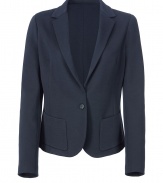 Luxurious blazer in fine rayon blend - outstanding high quality, nice and comfortable due to stretch content - elegant dark blue - new shape, slim, slightly waist fitted with long slim revers and one button - moderate length - added pockets - modern AND respectable appeal, ideal basic for the office - pair with a chic pencil skirt or matching pants