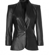 Luxe blazer in black lambskin - a highlight jacket from the hot French label Jay Ahr - feminine blazer cut, racy tailoring - with figure enhancing one-button closure, deep lapels and trendy 3/4 sleeves - two slit pockets, accentuated shoulders - a fashion statement, posh, trendy, simply crazy sexy - wear with a pencil skirt, jeans, flared leg pants