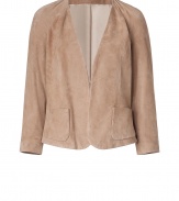 Luxe leather jacket in fine beige suede - new, feminine silhouette with gathered shoulders and deep V- lapels - long sleeves, two pockets - elegant, trendy, simply stylish - terrific alternative to the classic blazer - goes with an elegant skirt for the office as well as sexy skinny jeans