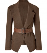 Stylish cutaway jacket made ​.​.of a wool-linen-nylon blend - In a beautiful shade of caramel - Fashionable, open lapel cut with narrow sleeves, pockets, emphasized shoulders and a waist belt - Mix of casual and professional you can wear to the office and for leisure - A style wonder that can be combined in so many ways, looks great with a pencil skirt, jeans, roll-up pants