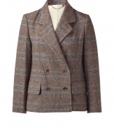 Stylish blazer in a fine, brown wool blend - Fashionable plaid tweed look - Feminine fitted, double breasted, with moderately deep lapels and flap pockets - Trendy old-school look, length is to the waistband - A special classic that fits well with jeans, corduroy pants or pleated skirts