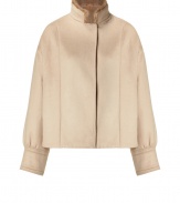 Luxurious jacket made from a fine, beige virgin wool blend - Exclusive couture cut, with dropped sleeves and wide cuffs - Small collar with classy, elegant mink lining - Slightly boxy and straight cut, short, to the hip - A dream of a jacket, as its sophisticated and tremendously elegant - A mega hit combination with a pencil skirt, wide flared trousers, a sheath dress