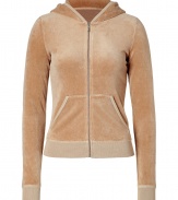 Stylish zip-up hoodie in fine honey brown cotton and poly blend - A true classic from LA cult label Juicy Couture - Super-soft velour fabric - Slim, fitted silhouette cut to hit at the waist - Front scoop pockets - Sexy but casual, ideal for leisure and relaxing - Pair with velour track pants, skinny denim or cords