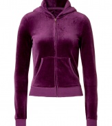 Stylish zip-up hoodie in fine purple cotton and poly blend - A true classic from LA cult label Juicy Couture - Super-soft velour fabric - Slim, fitted silhouette cut to hit at the waist - Front scoop pockets, contrast graphic Rock My Couture print at back - Sexy but casual, ideal for leisure and relaxing - Pair with velour track pants, skinny denim or cords