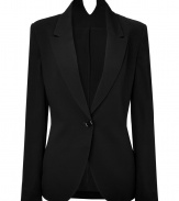 Finely-detailed blazer in black viscose - Added hint of elastane makes it completely comfortable and totally wearable - Snug fit with long narrow lapel and sleeves- Single button closure - V-cut detail at back collar - Perfect office staple works well over pencil skirt or after-hours over a cocktail dress