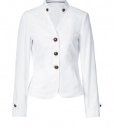 Elegant blazer in fine, white cotton stretch blend - Single-breasted style with three-button closure - Small stand-up collar two front pockets - Gold hardware detail at button placket and neckline - Flattering darts at bust accentuate a lean silhouette and slim waist - Shorter length crops at hips - A polished, feminine spin on masculine tailoring - Pair with a fitted t-shirt and wide-leg trousers or a longer tunic top and skinny denim