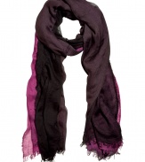 Richly-hued accessories like Faliero Sartis plum and black colorblocked scarf add instant style and easy polish to any outfit - Sumptuously soft and lightweight in a fine, modal and silk blend - Moderately long and wide, with delicate fringe trim - Versatile and perennially chic, perfect for pairing with everything from jeans and a t-shirt to a knit dress and leather jacket