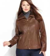 A sleek topper for fall, this leather Michael Kors plus size motorcycle jacket adds instant style to your cold-weather look!