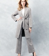 Calvin Klein uses sleek lines and a belted waist to craft an elegant, elongated tweed jacket unlike any other!