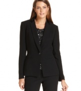 Sharp tuxedo styling elevates Calvin Klein's single-button blazer, while satin lapels amp up the glamorous look.