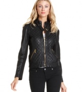 This statement-making leather jacket from MICHAEL Michael Kors features quilted leather and chic knit insets at the sleeves for a soft, flattering fit.