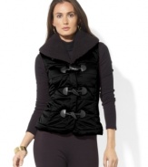 Lauren Ralph Lauren's lustrous satin quilted vest is finished with faux fur at the collar for added warmth and style.