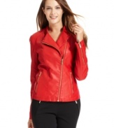 Calvin Klein's faux leather jacket is extra bold with a saturated red hue and an asymmetrical zipper closure.