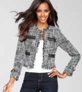 Tweed takes center stage on INC's stylish jacket, complete with fun fringe trim and chain link details.