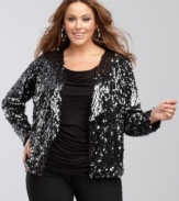 You'll shine like the star you are in INC's sparkling pailette-covered plus size jacket. Wear it like a cardigan and layer it with a lacy tank or silky shell!