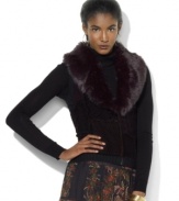 Lauren Ralph Lauren's superbly soft faux-beaver trim glamorously accents a chic knit vest with a timeless patchwork pattern.