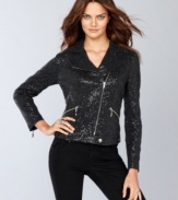 Go for all out rocker glam with INC's cropped moto jacket, featuring asymmetrical details and a fully sequined look.