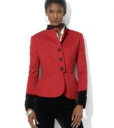 Crested metal buttons lend rich heritage style to Lauren Ralph Lauren's chic jacket, crafted for a traditional military look in sleek stretch wool tricotine with lush velvet accents.