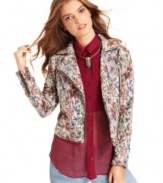 A floral tapestry fabric brings print and texture to this Free People motorcycle jacket for a feminine yet fashion-forward look!