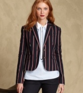 Tommy Hilfiger's fitted blazer makes a bold statement with preppy stripes, perfect for layering with button-front shirts and jeans.