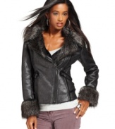 Chic faux-fur trim and distressed faux-leather makes this GUESS motorcycle jacket a hot pick for a fall topper!