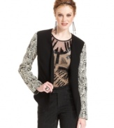 Bar III Front Row's open-front blazer features brocade sleeves and a solid bodice, for a trendy mixed media look. Dress it up with a beaded blouse, or keep it casual with jeans and a tee!