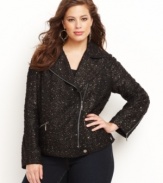 INC combines ladylike tweed with an edgy moto-inspired silhouette for a unique plus size jacket that's sure to turn heads. Sequin-flecked boucle fabric adds shine and touchable texture. (Clearance)