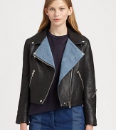 Denim trim softens this edgy leather motorcycle jacket. Denim-trim notched collarSnap closures; front zipperLong denim-trim sleevesZippered cuffsZippered slash pocketsAbout 19 from shoulder to hemBody: LeatherTrim: Viscose/cottonDry clean with leather specialistImportedSIZE & FITModel shown is 5'10 (177cm) wearing US size 4. 