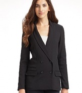 THE LOOKTuxedo lapel Double breasted button front Long sleeves Welt and flap pockets at hipsTHE FITAbout 28 from shoulder to hemTHE MATERIAL95% wool/5% Lycra spandex Fully linedCARE & ORIGINDry clean Imported