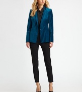 A classic blazer in luxe stretch velvet, tailored with subtle updates that take it from tradition to today.Narrow lapelsSingle snap closeFront welt pocketsFitted bodiceLong sleeves with one-button detail at cuffDouble back ventsFully linedAbout 27 from shoulder to hemCotton/viscose/elastaneDry cleanImportedSIZE & FITModel shown is 5'10½ (179cm) wearing US size 4. This style runs small. 