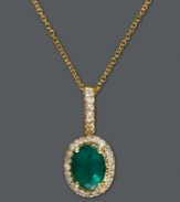 Effy Collection is known for their envy-inducing elegance, and this stunning pendant is no exception. An oval-cut emerald (1-3/8 ct. t.w.) encircled by round-cut diamonds (1/6 ct. t.w.) is sure to turn heads. Crafted in 14k gold. Approximate length: 18 inches. Approximate drop length: 3/4 inch. Approximate drop width: 1/3 inch.