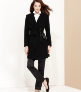 Larry Levine's coat gets a luxe lift thanks to a faux leather tie belt and a wrap-style silhouette.