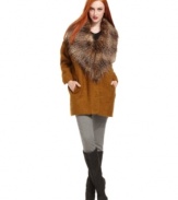 An oversized faux-fur collar adds luxe to this Bar III coat for a truly chic cold-weather look!